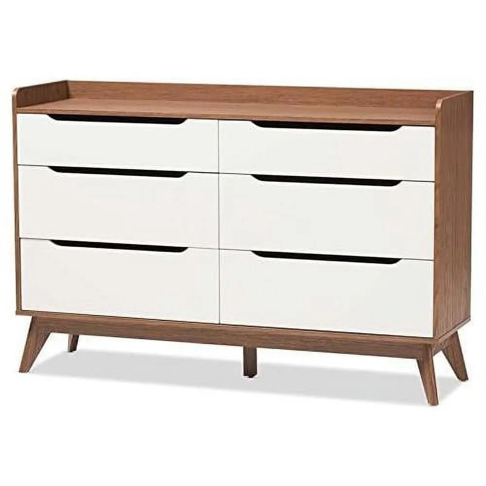 White and Walnut 6 Drawer Wood Dresser E353