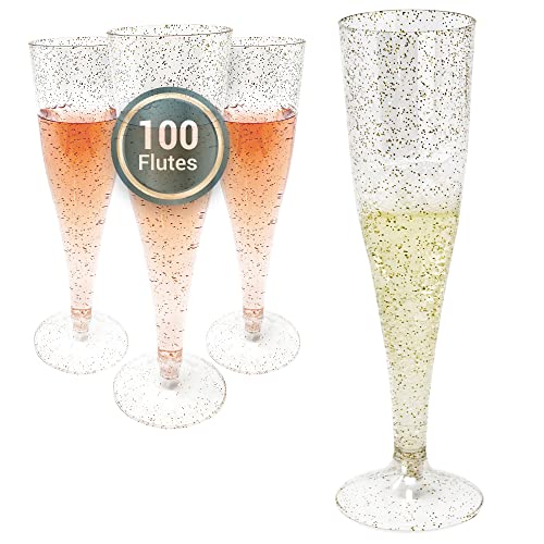 100 Pack 4.5 oz Gold Glitter Plastic Champagne Flutes H18406