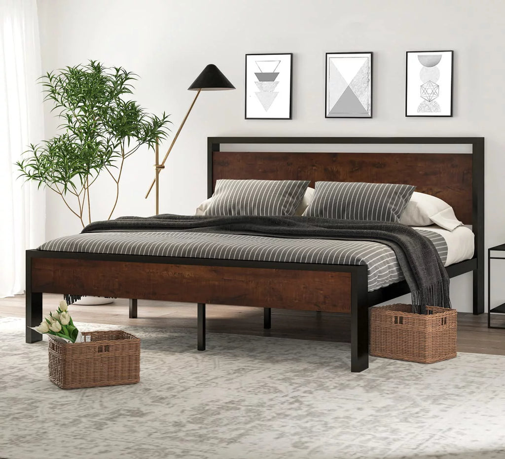 14 Inch King Size Metal Platform Bed Frame with Wooden Headboard and Footboard Y75809