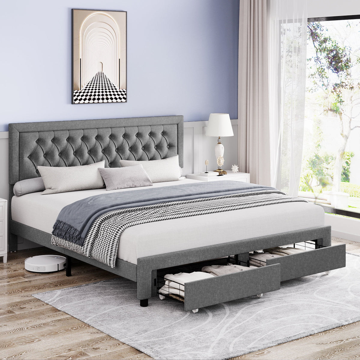 Queen Size Black PU Leather Upholstered Platform Bed Frame R87609
