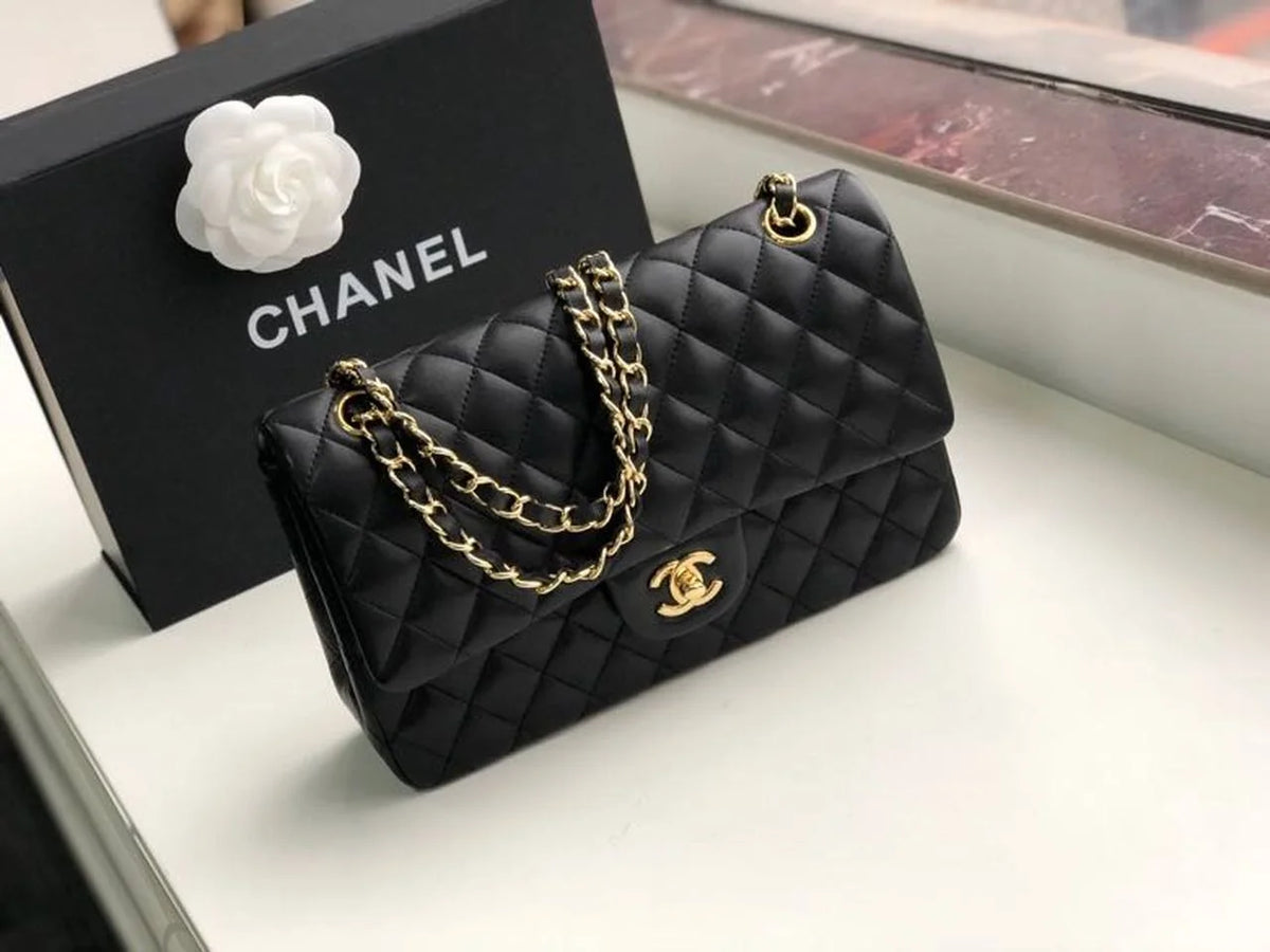 Black Handbag with Gold Toned Hardware J624317