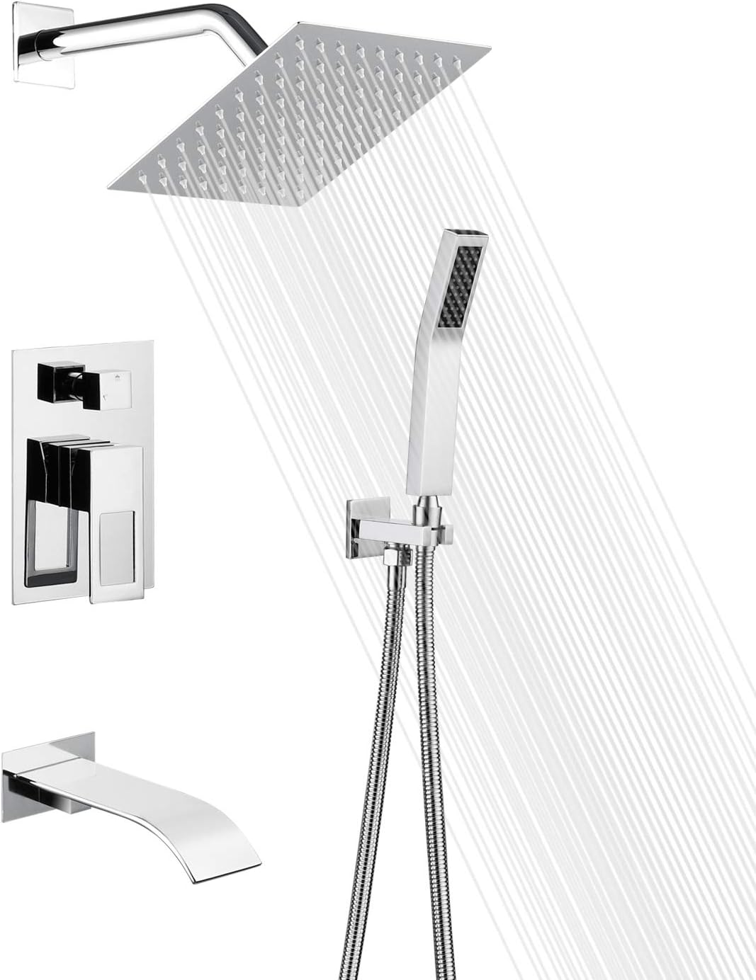 Matte Black Shower Faucet Set with Waterfall Tub Spout and Handheld Shower Head H160