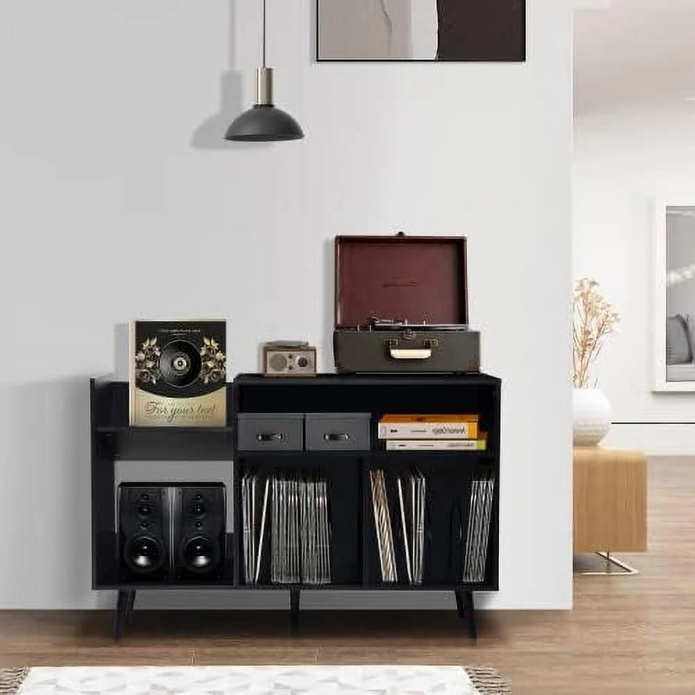 Black Record Player Stand with Wood Legs N47777