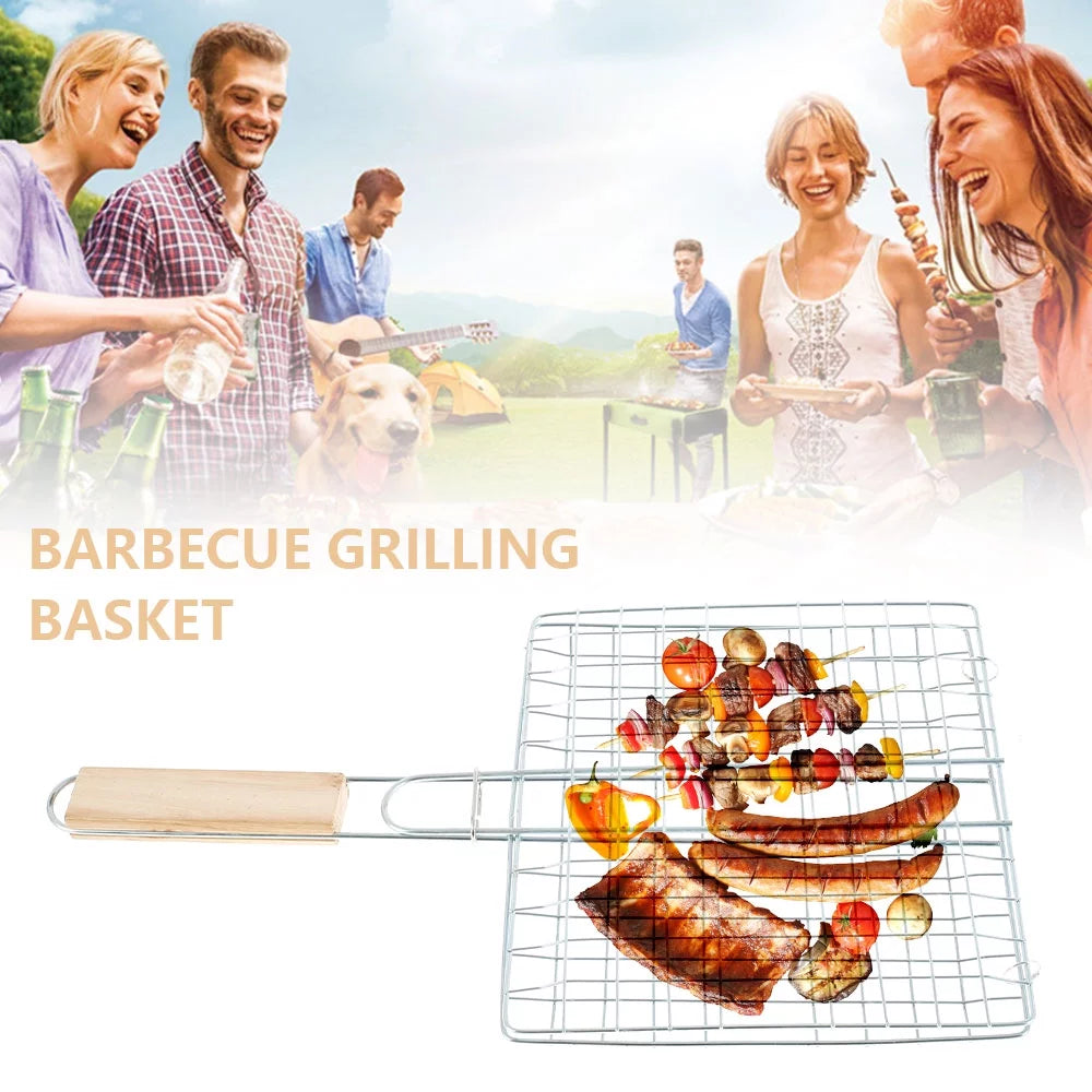 Stainless Steel Folding Barbecue Grilling Basket with Wooden Handle C406