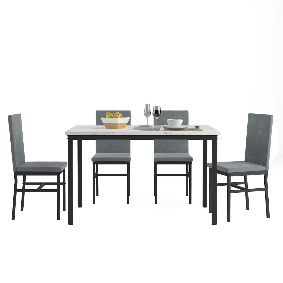 5-Piece White Marble Top Dining Table and 4 Gray Velvet Chairs G671819