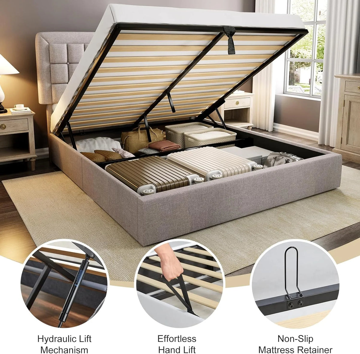Queen Size Light Grey Upholstered Storage Bed Frame F581