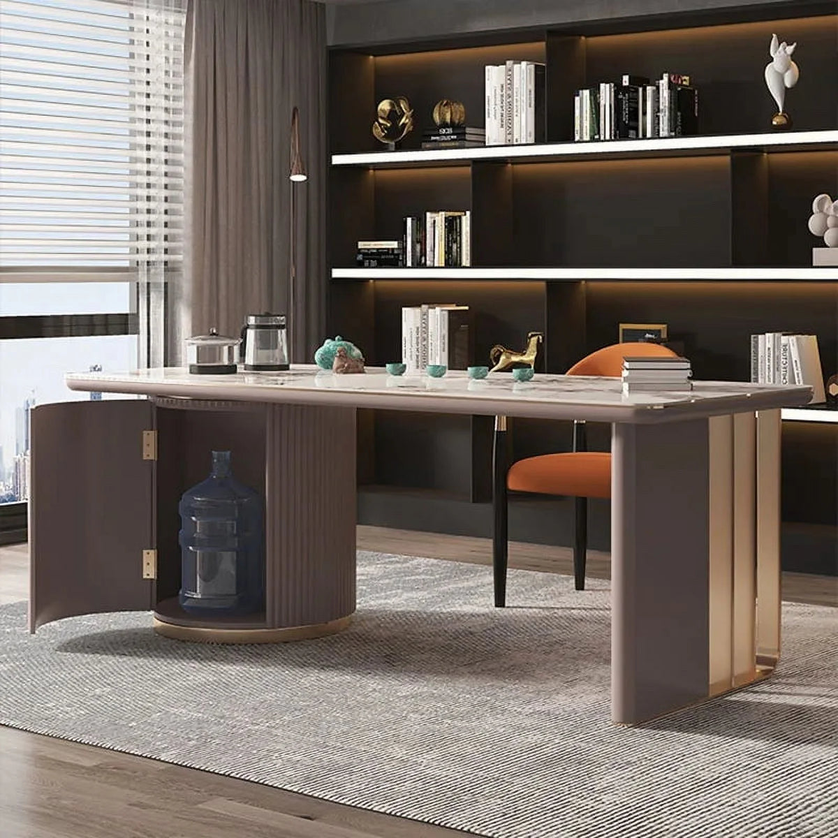 Wooden Laptop Office Desk with Filing Cabinets and Glass Organizer Y7344