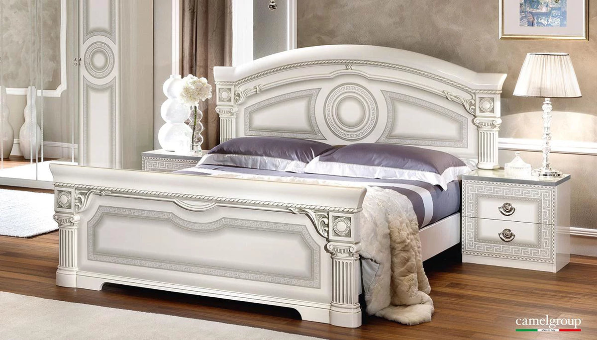 Glossy White Silver Finish King Platform Bedroom Set 2Pcs H952