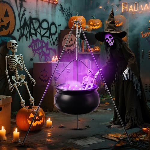 Large Witch Cauldron with Tripod Purple Lights Cotton 40CM Skull Candy Bucket M7986