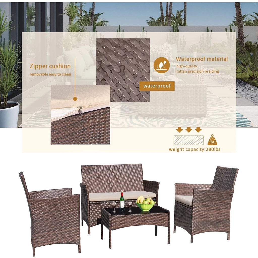 Black PE Rattan Wicker 4 Pieces Patio Table and Chairs Set with Cushion S159