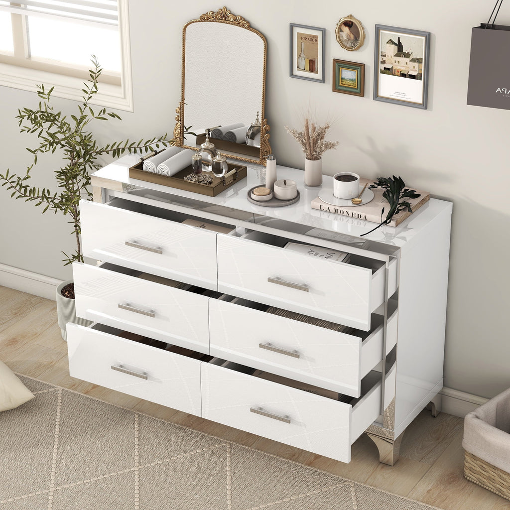 High Gloss White 6 Drawer Mirrored Dresser X276