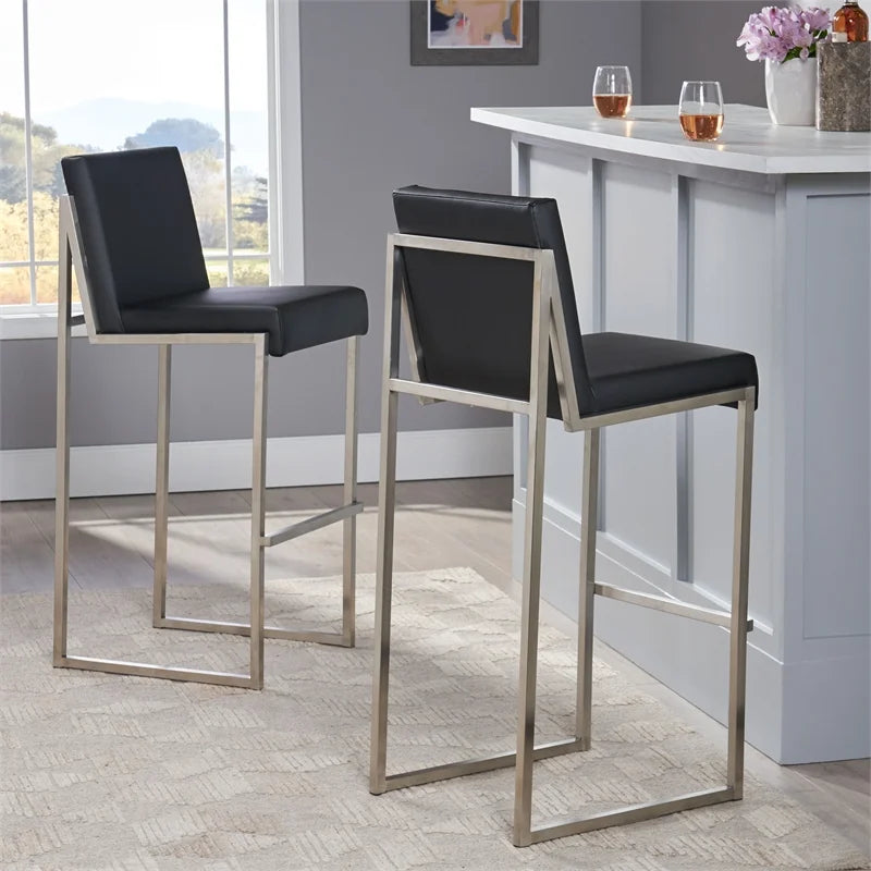 Black Leather Barstool Set of 2 V4908