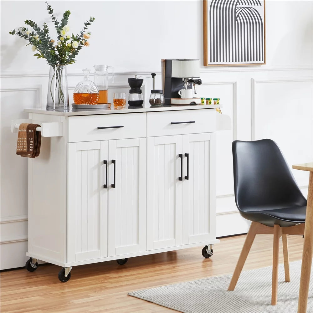 White Kitchen Island with Storage Drawers & Cabinets E243
