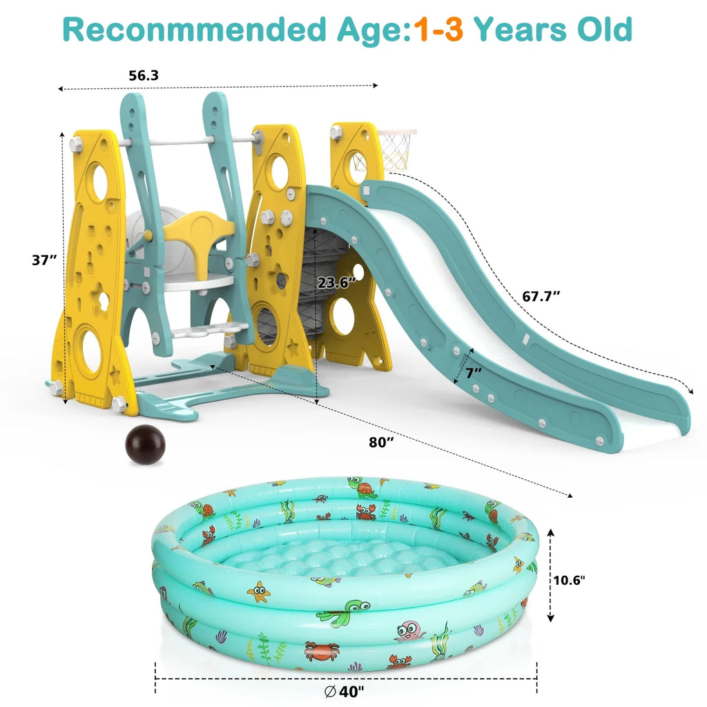 6 in 1 Toddler Slide and Swing Set with Basketball Hoop Y971