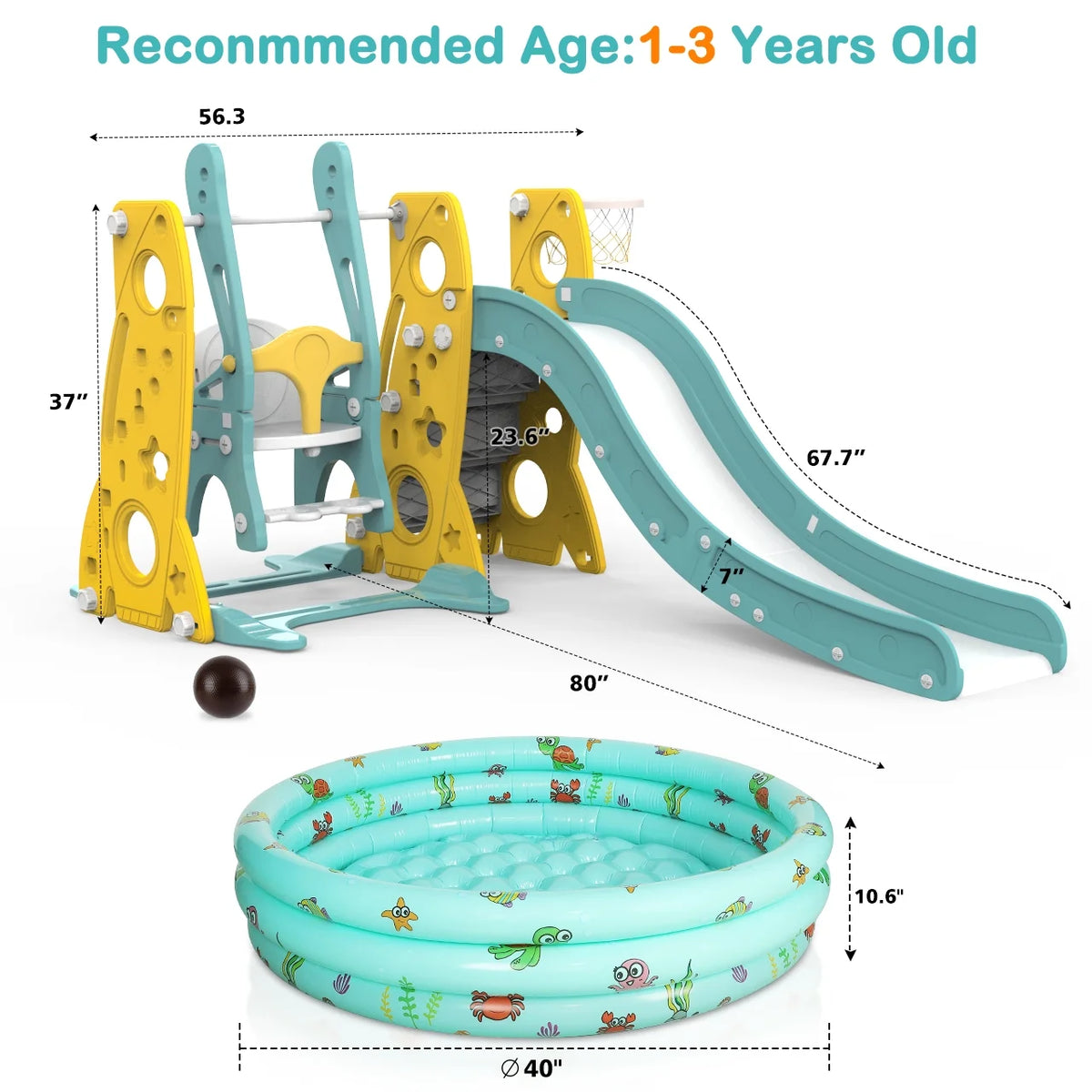 6 in 1 Toddler Slide and Swing Set with Basketball Hoop Y971
