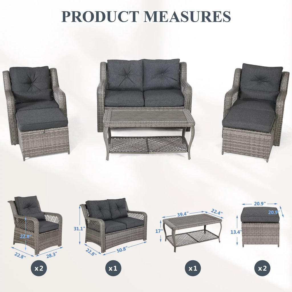 6 Piece Grey Rattan Patio Furniture Set with Ottoman O1854