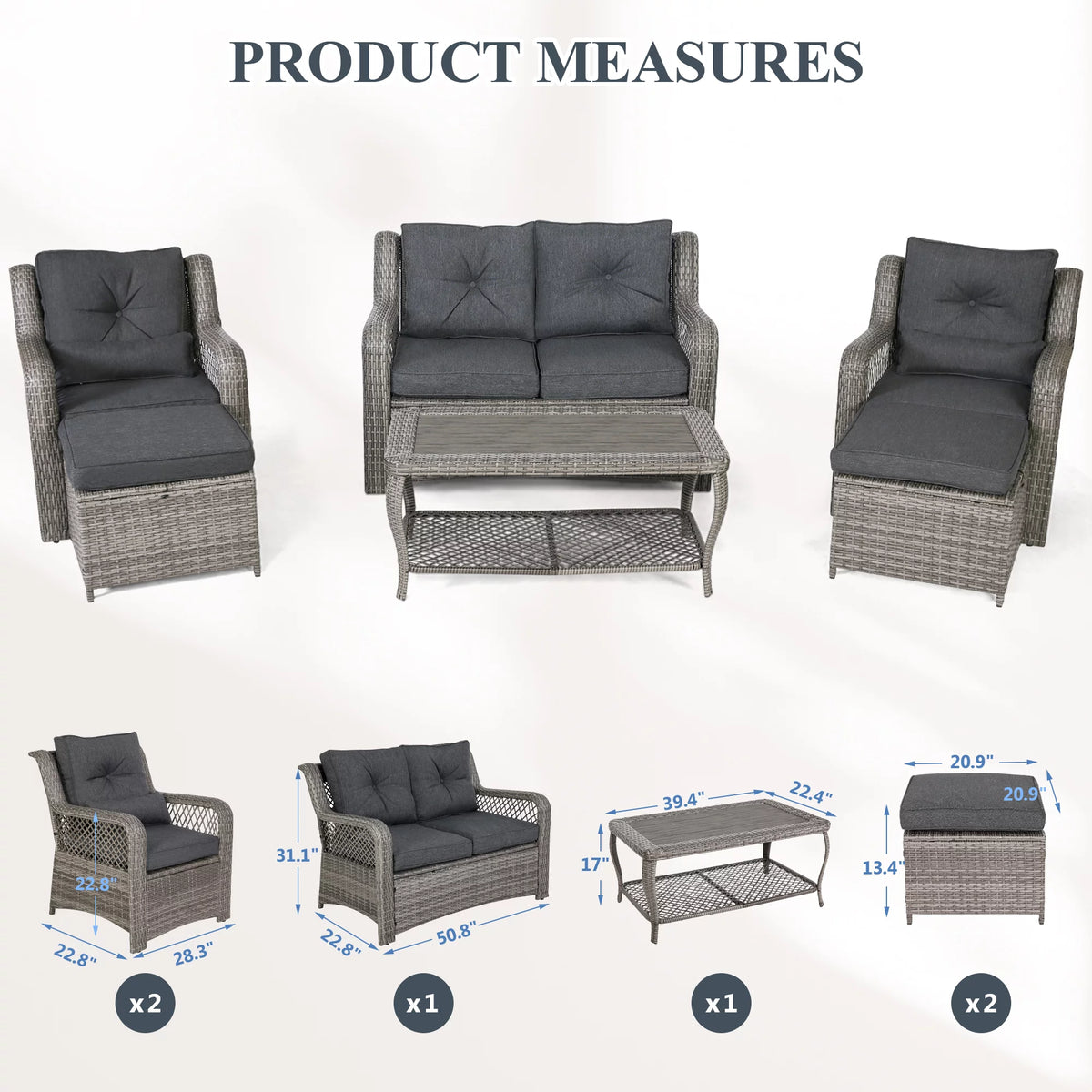6 Piece Grey Rattan Patio Furniture Set with Ottoman O1854