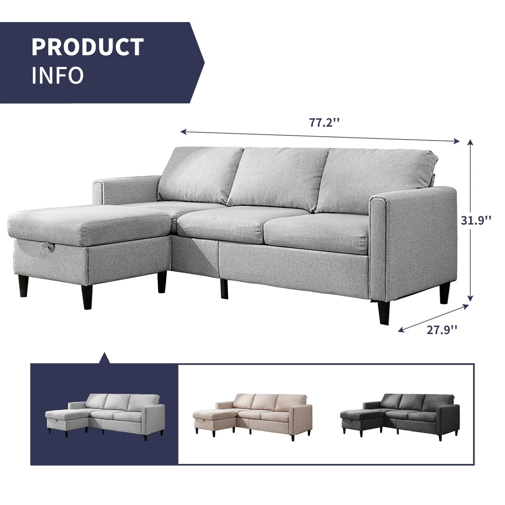 Small Sectional Sofa 3 Seater with Storage Ottoman Light Grey R61834