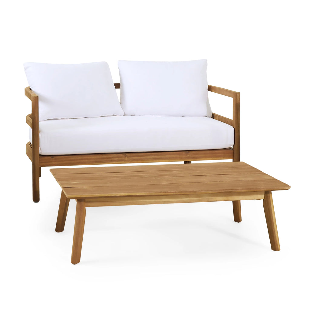 Acacia Wood Loveseat and Coffee Table Set with Cushions F3737