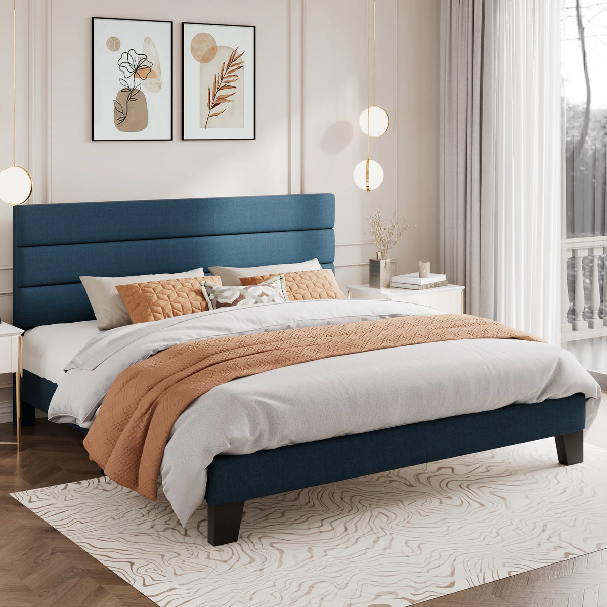 King Size Navy Blue Fabric Upholstered Platform Bed Frame with Headboard Z822