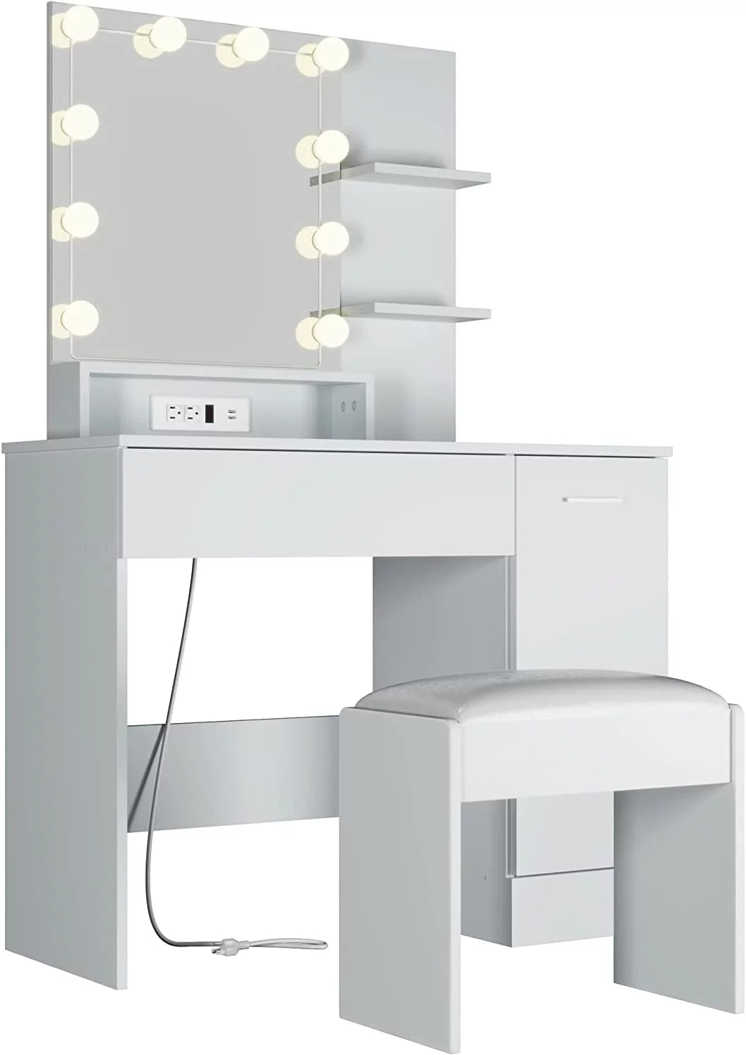White Vanity Desk with Charging Station and Drawer G78434