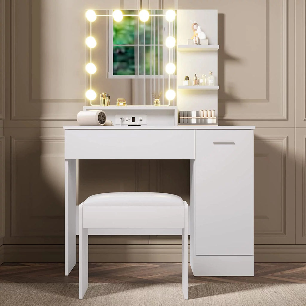 White Vanity Desk with Charging Station and Drawer G78434