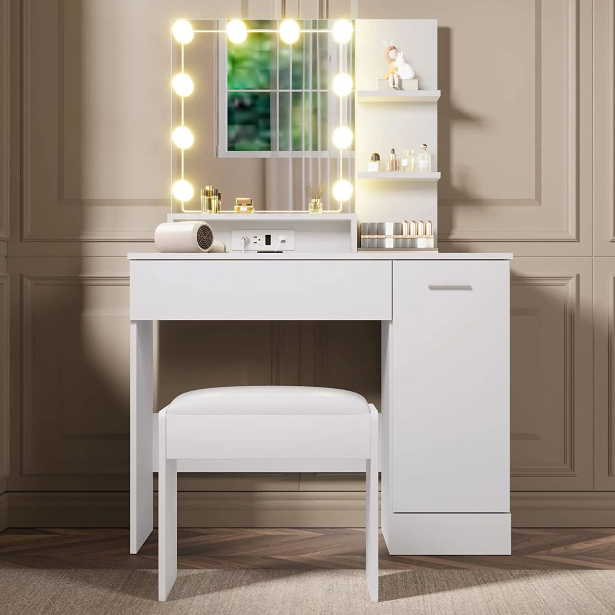 White Vanity Desk with Charging Station and Drawer G78434