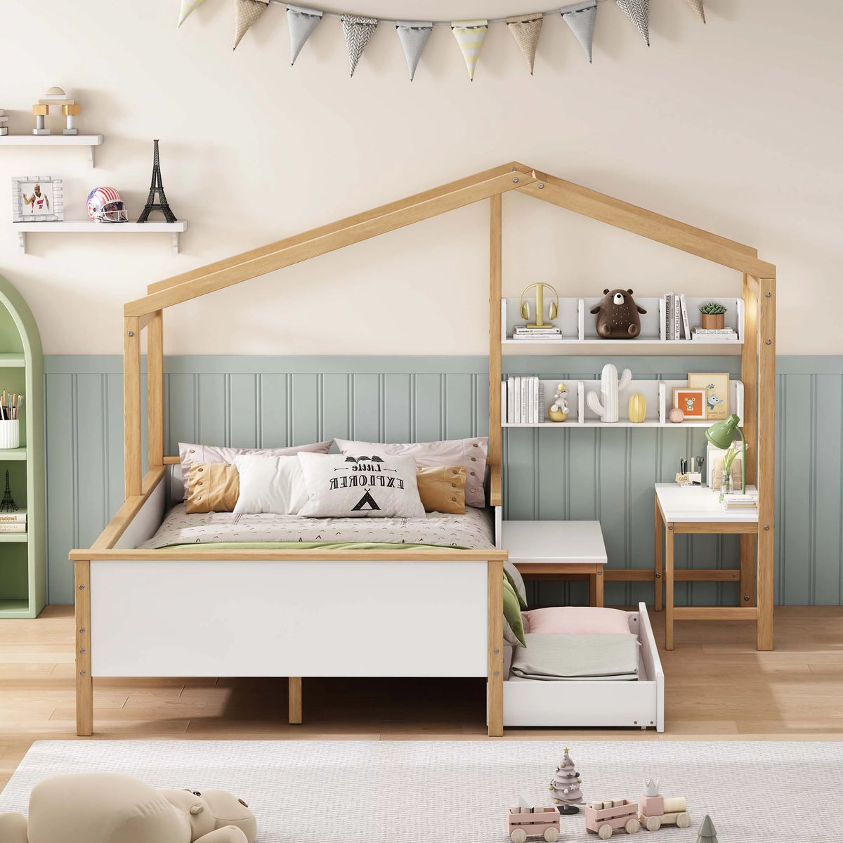 White Full Size Wooden House Bed with Desk and 6-Drawer Chest F2793