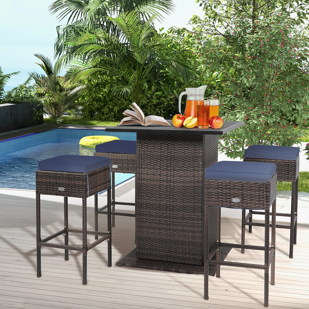 5 Pc Rattan Patio Bar Set with Table & 4 Cushioned Stools F24933