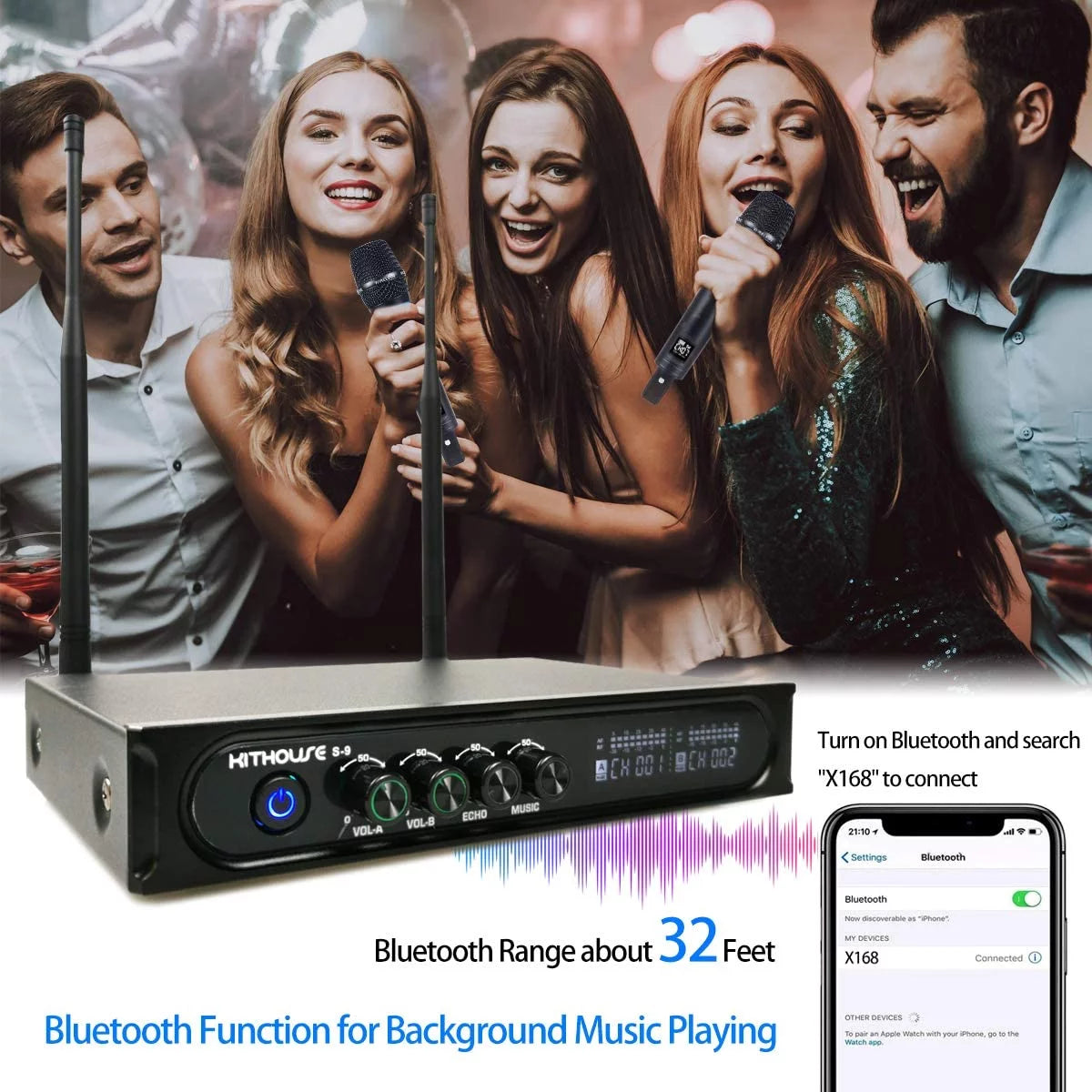 Rechargeable Wireless Microphone System with Bluetooth Receiver J806