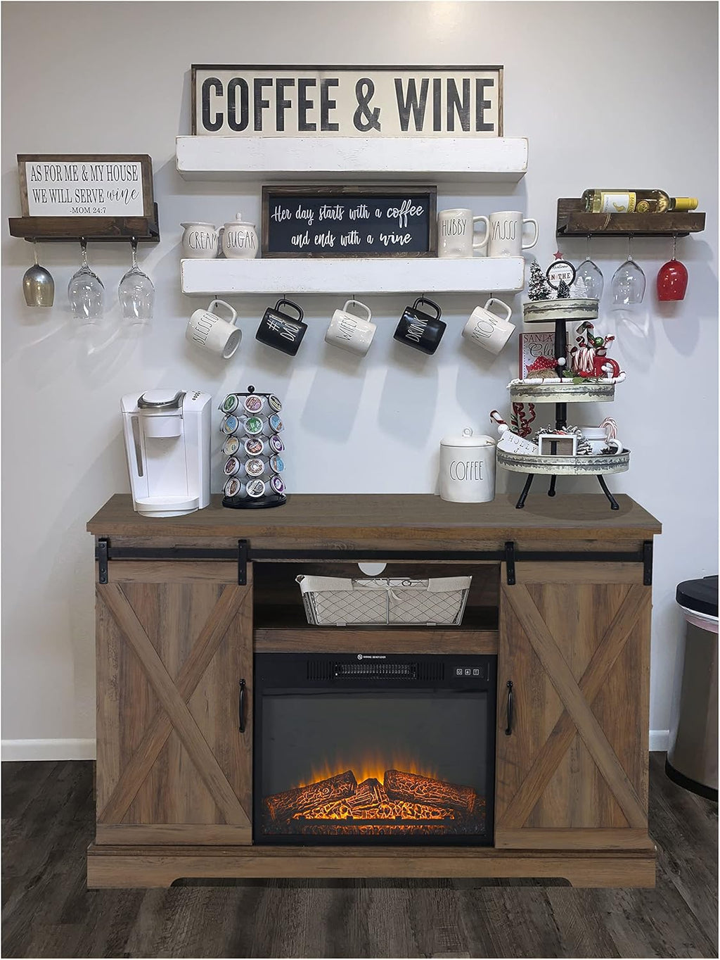 Farmhouse Coffee Bar Cabinet with Fireplace L513