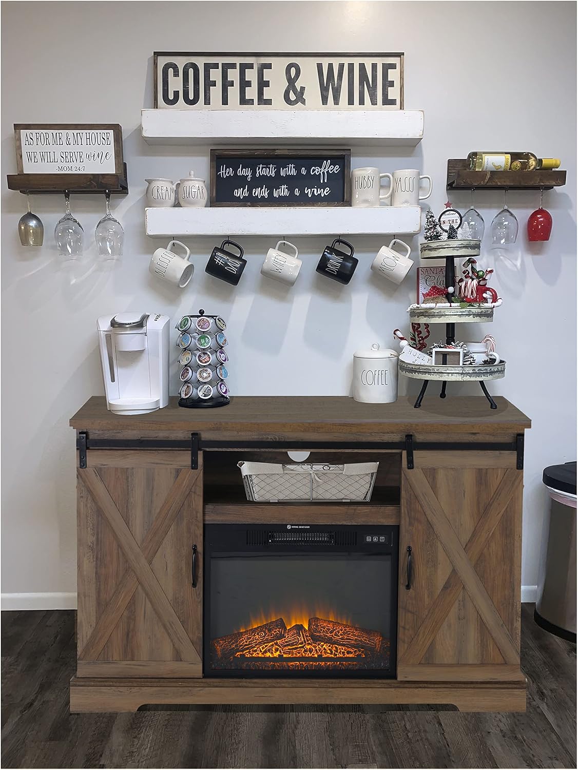 Farmhouse Coffee Bar Cabinet with Fireplace L513