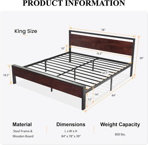14 Inch King Size Metal Platform Bed Frame with Wooden Headboard and Footboard Y75809