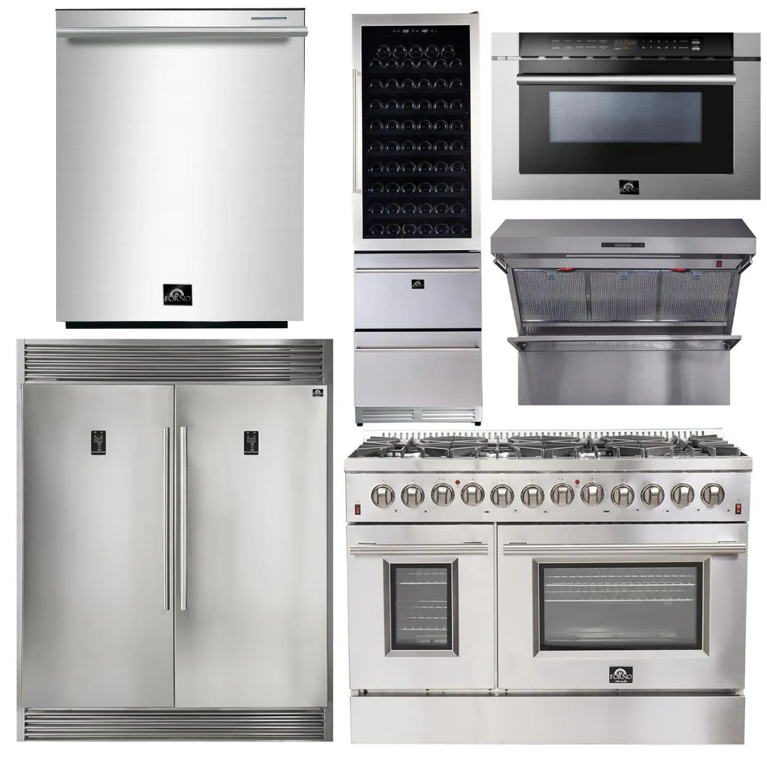 48 Inch Dual Fuel Range, Range Hood, Refrigerator, Microwave Drawer, Dishwasher, Wine Cooler O966