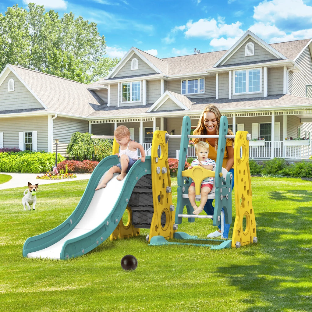 6 in 1 Toddler Slide and Swing Set with Basketball Hoop Y971