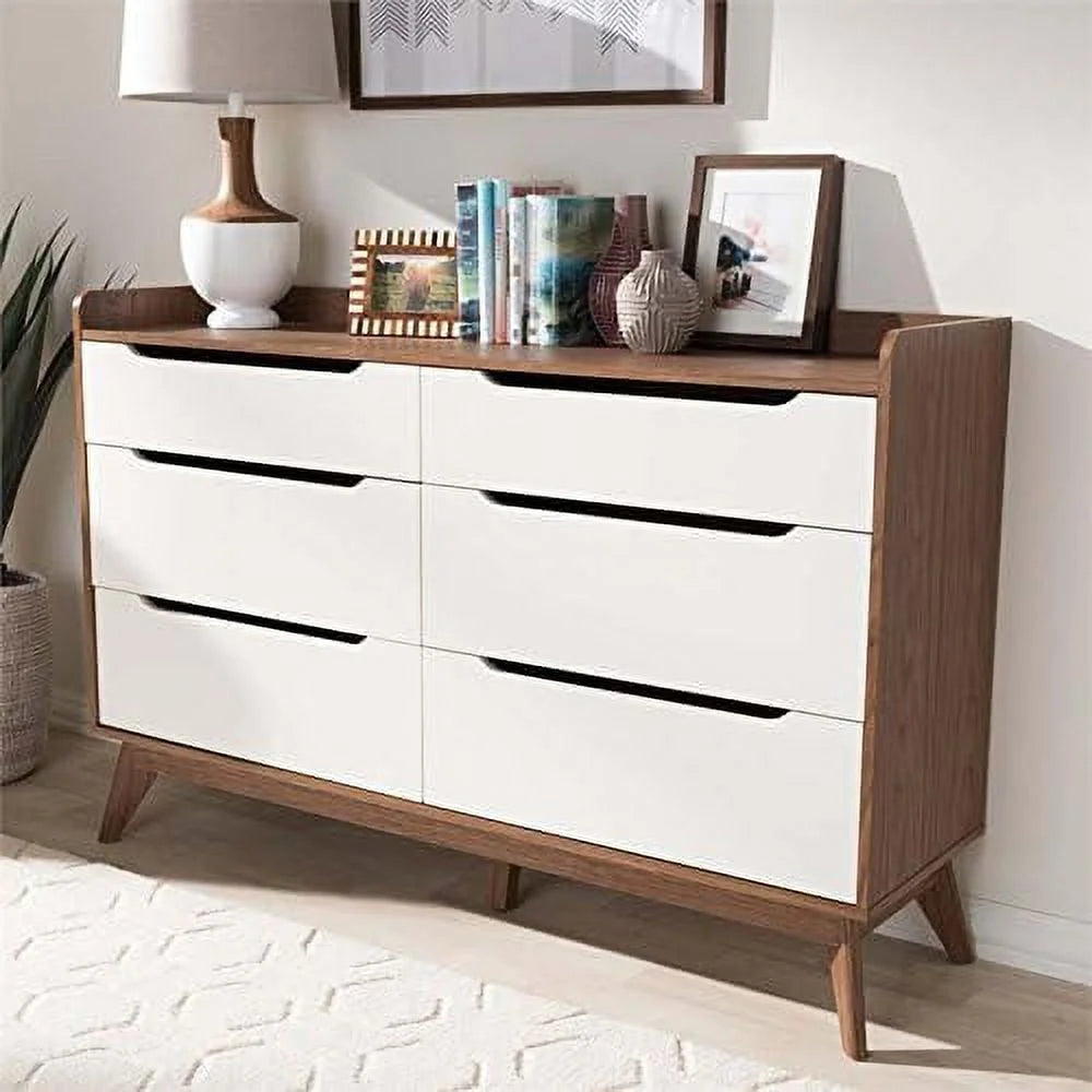White and Walnut 6 Drawer Wood Dresser E353