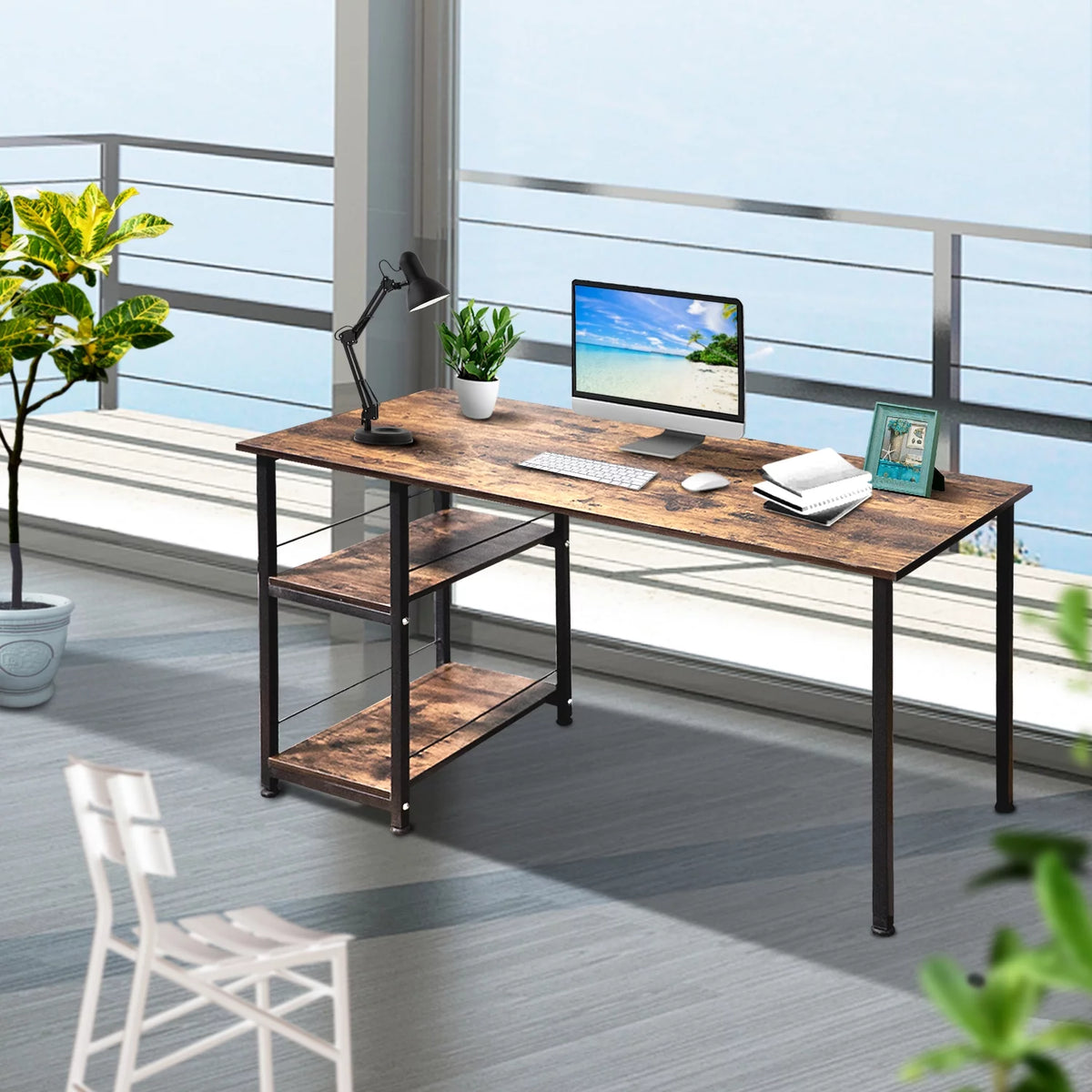 Computer Desk with 2 Tiers Shelves Metal Legs B5930