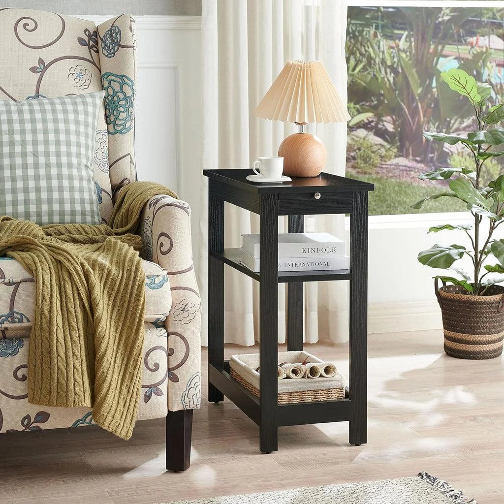 Black Slim Side End Table with Storage Shelves A419315