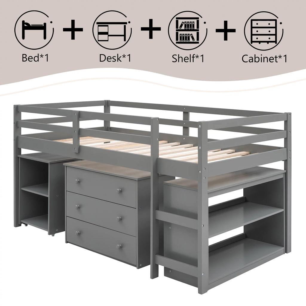 Twin Size Wood Loft Bed with Desk Storage Drawers and Bookcase P459