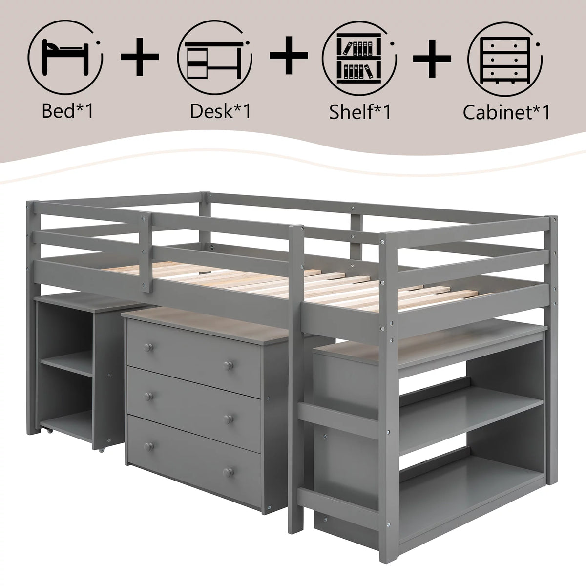 Twin Size Wood Loft Bed with Desk Storage Drawers and Bookcase P459