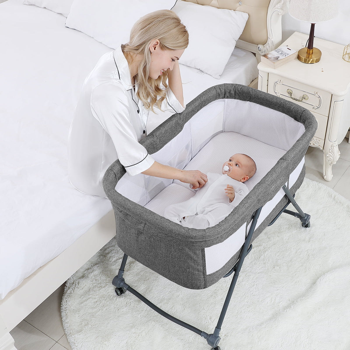 Portable Folding Rocking Bassinet with Storage Basket, Travel Bag, Gray V95946