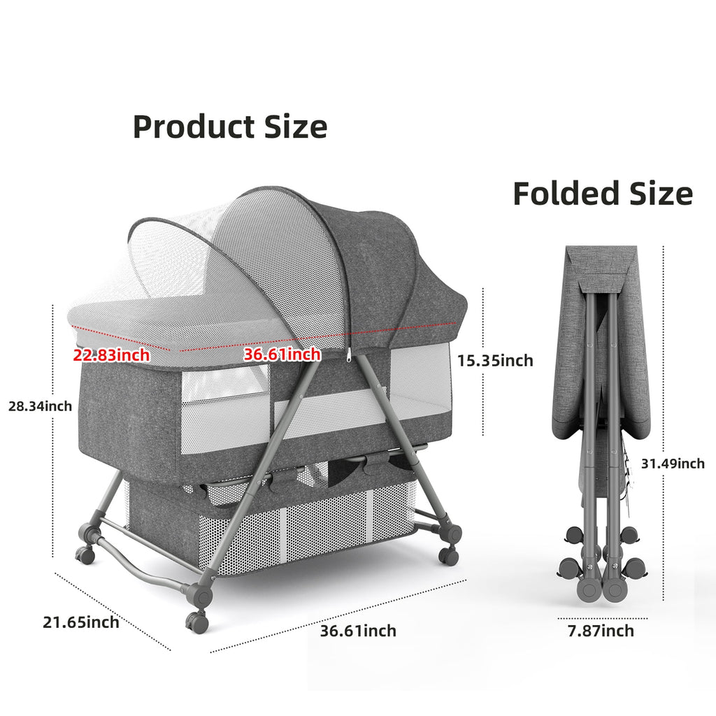 Portable Folding Rocking Bassinet with Storage Basket, Travel Bag, Gray V95946