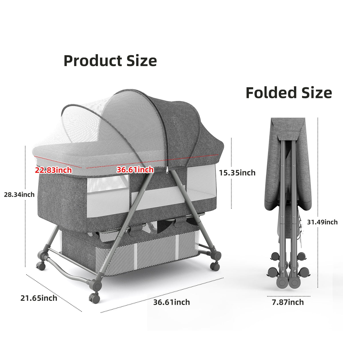 Portable Folding Rocking Bassinet with Storage Basket, Travel Bag, Gray V95946