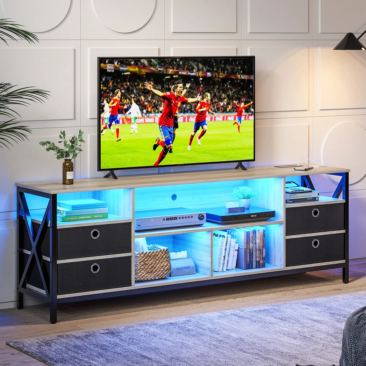 White LED TV Stand with Charging Station C666