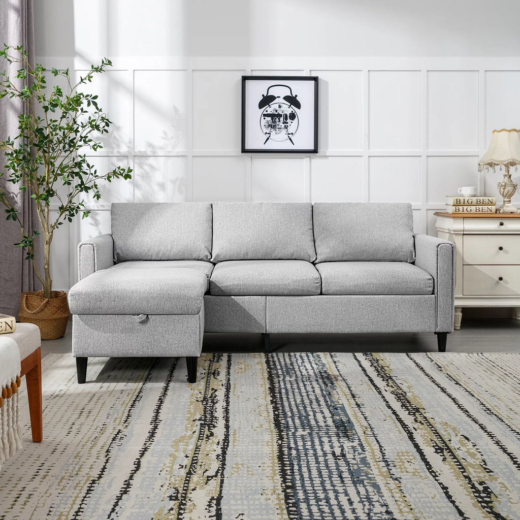 Small Sectional Sofa 3 Seater with Storage Ottoman Light Grey R61834