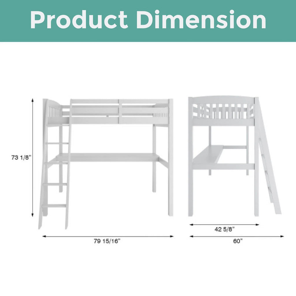 White Solid Wood Loft Bunk Bed with Desk J28383