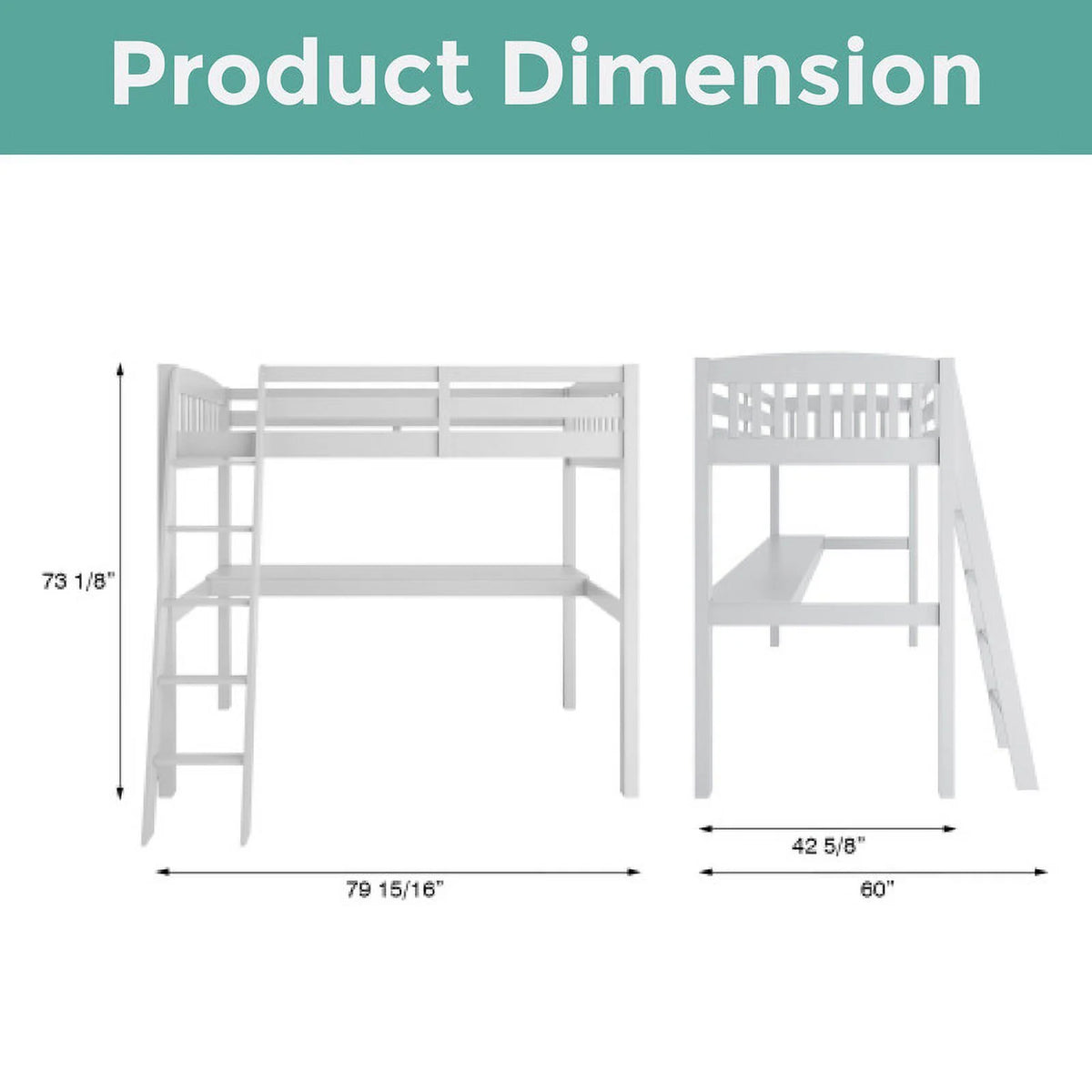 White Solid Wood Loft Bunk Bed with Desk J28383