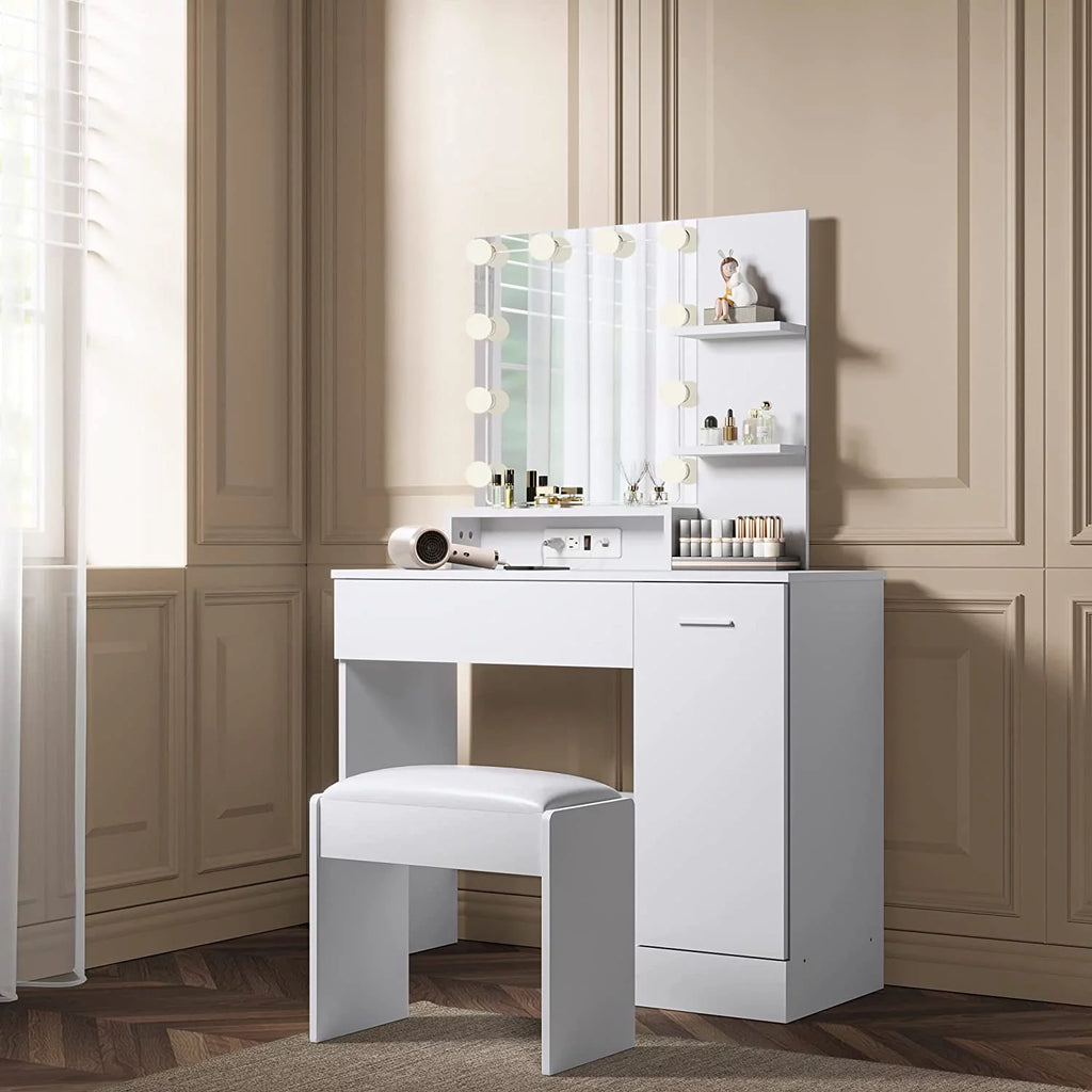 White Vanity Desk with Charging Station and Drawer G78434