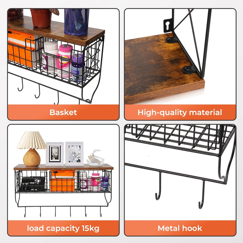 Rustic Wood Wall Mount Shelf with 6 Hooks and 3 Storage Baskets H187427