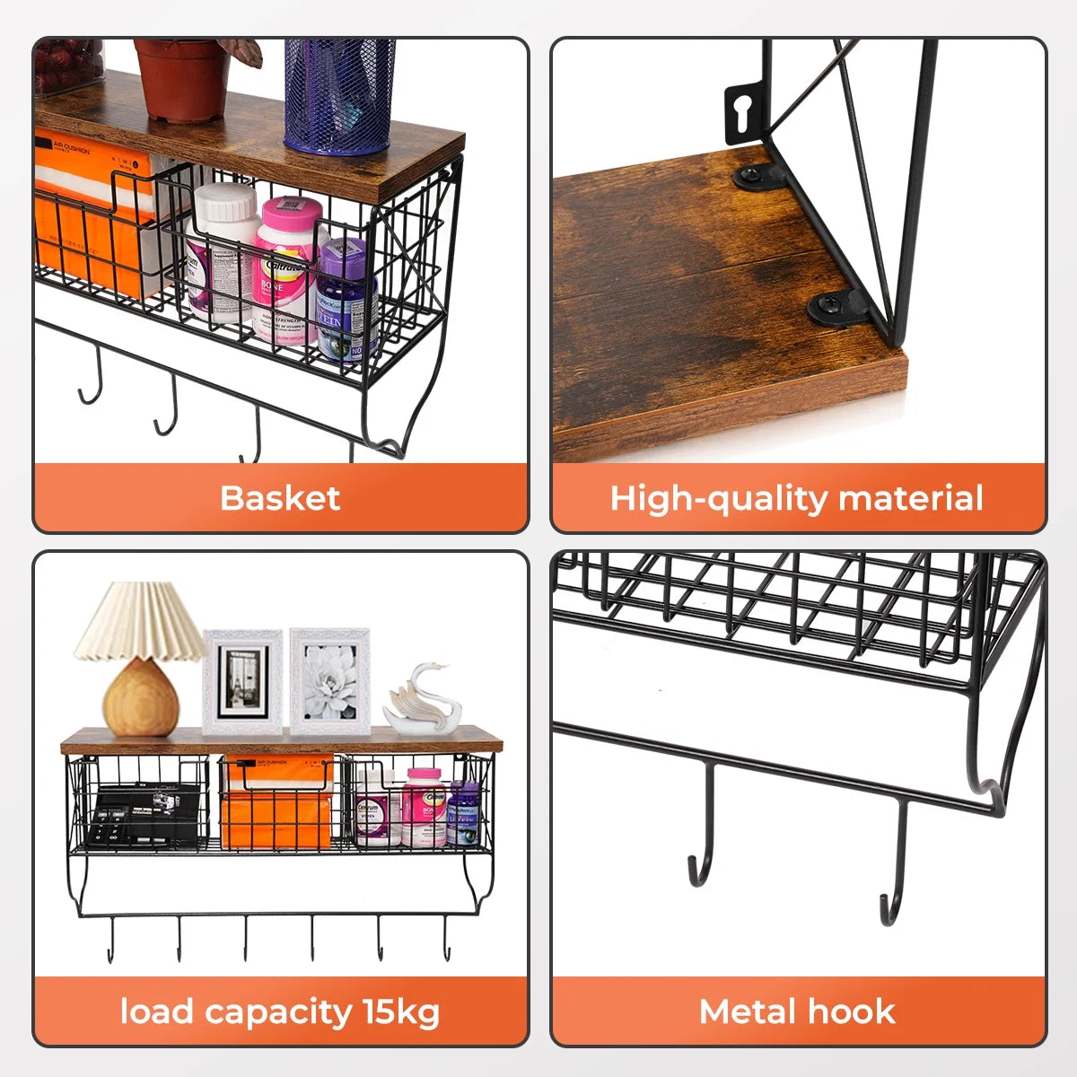 Rustic Wood Wall Mount Shelf with 6 Hooks and 3 Storage Baskets H187427